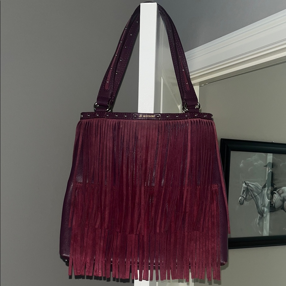 B. Makowsky Maroon/leopard print Fringe Shoulder Bag with Studs
